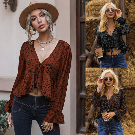 Bell Sleeve Leopard Print Lace-up Long Sleeve Exposed Navel Ruffled Irregular Top