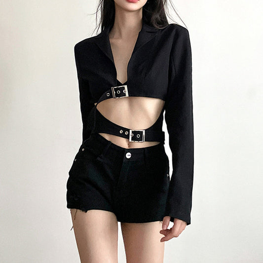 Lapel Slim Fit Midriff-baring Suit Jacket For Women